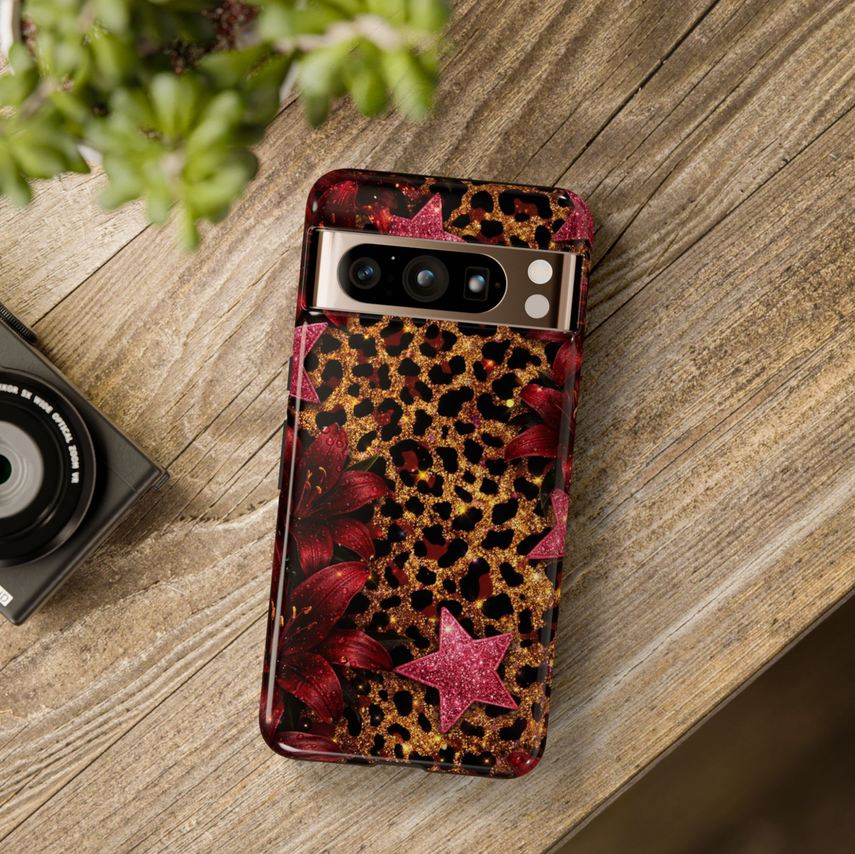 Leopard print Google Pixel 10 Pro case with gold leopard pattern red lilies and pink glitter stars protective tough case compatible with Pixel 10 Pro Pixel 9 Pro and Pixel 8 Pro glamorous animal print phone cover.