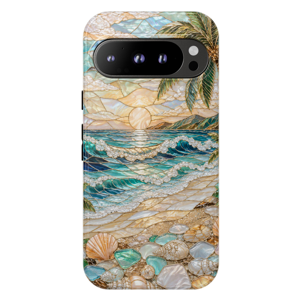 Protective Google Pixel 10 Pro phone case featuring white butterflies, pearl floral artwork, and gold accents on a shimmering mother-of-pearl background with durable dual-layer protection.