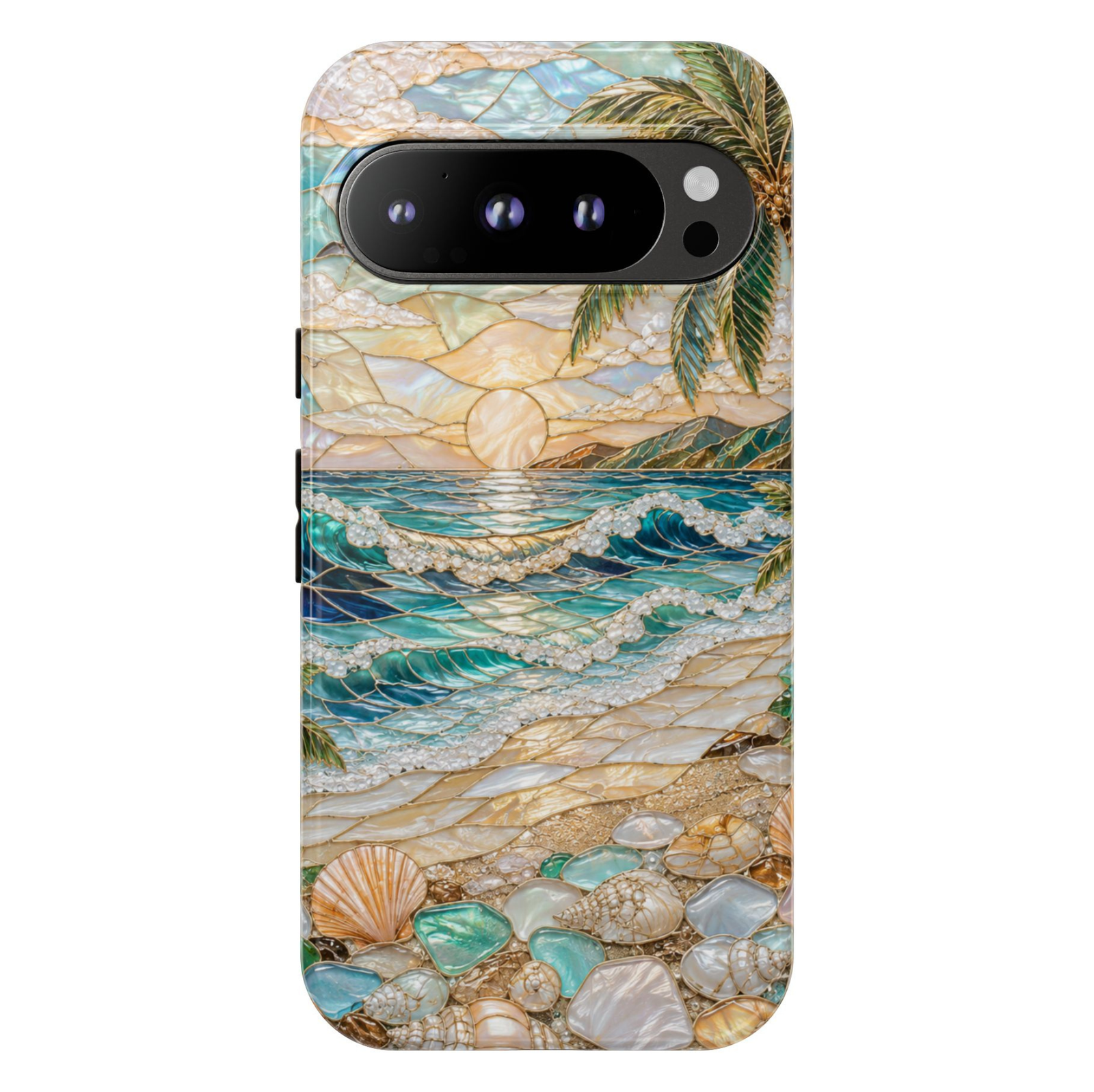 Protective Google Pixel 10 Pro phone case featuring white butterflies, pearl floral artwork, and gold accents on a shimmering mother-of-pearl background with durable dual-layer protection.
