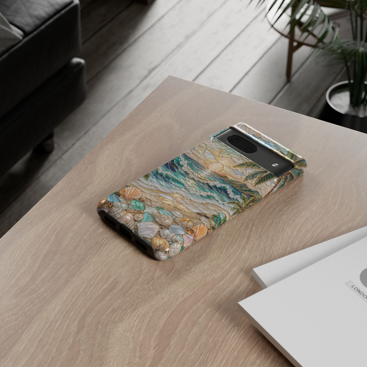 Protective Google Pixel 10 Pro phone case featuring white butterflies, pearl floral artwork, and gold accents on a shimmering mother-of-pearl background with durable dual-layer protection.