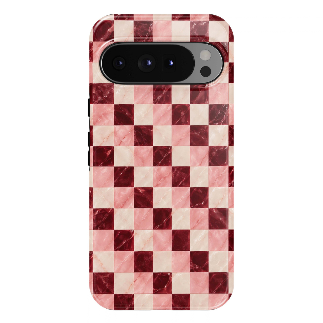 Rose Checkmate Google Pixel phone case featuring a marble-effect checkerboard pattern in burgundy red, blush pink and ivory with elegant stone veining.