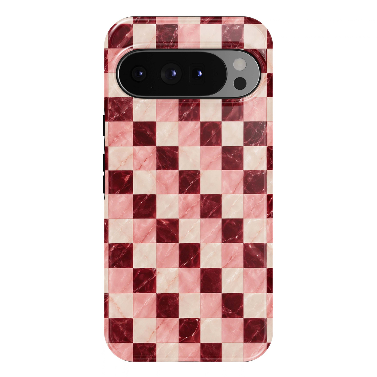 Rose Checkmate Google Pixel phone case featuring a marble-effect checkerboard pattern in burgundy red, blush pink and ivory with elegant stone veining.