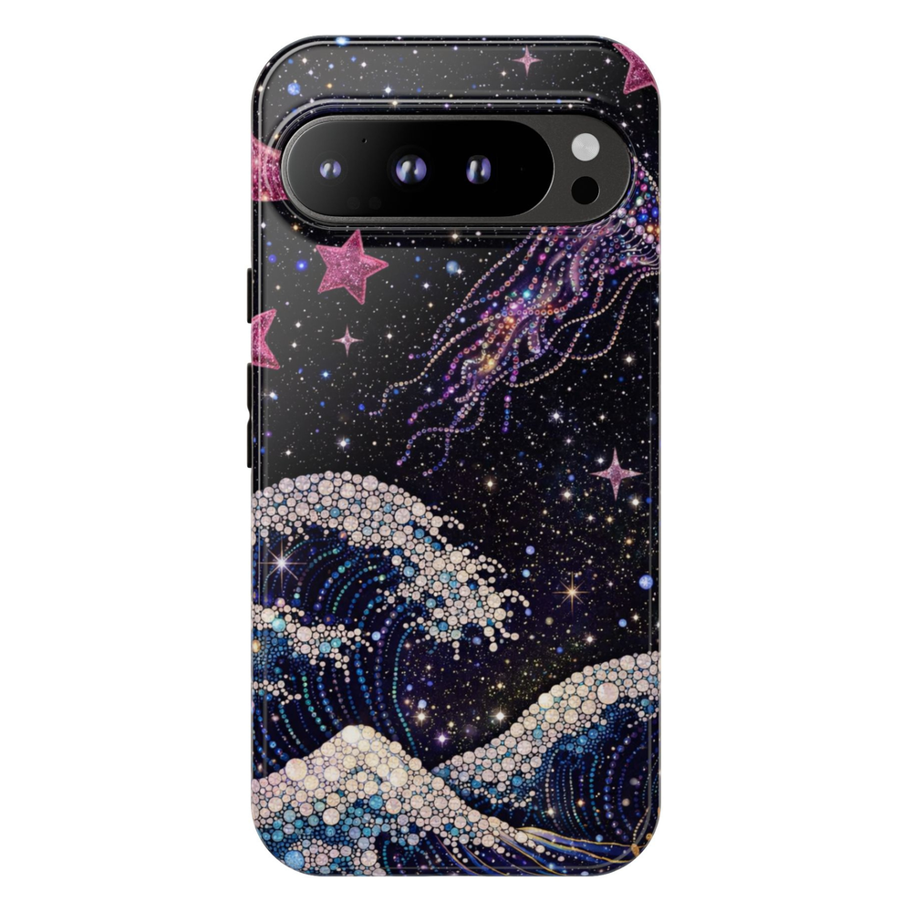 Galaxy ocean Google Pixel 10 Pro case with starry night sky waves and glowing jellyfish celestial sea design protective tough case compatible with Pixel 10 Pro Pixel 9 Pro and Pixel 8 Pro cosmic ocean aesthetic phone cover.
