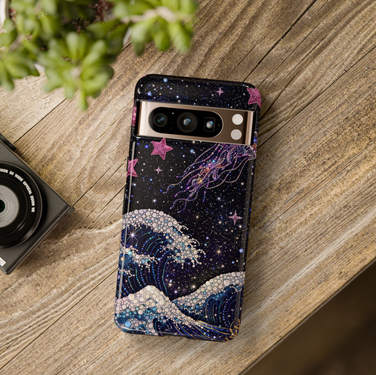 Galaxy ocean Google Pixel 10 Pro case with starry night sky waves and glowing jellyfish celestial sea design protective tough case compatible with Pixel 10 Pro Pixel 9 Pro and Pixel 8 Pro cosmic ocean aesthetic phone cover.