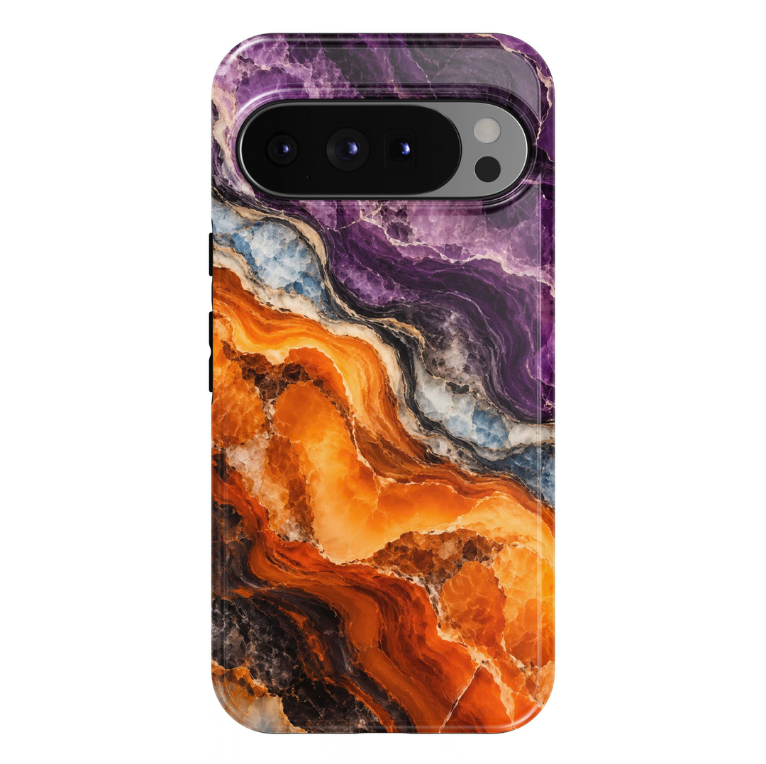 Sunset Amethyst Google Pixel case featuring vibrant burnt orange, golden amber, deep violet and icy blue agate-inspired marble swirls with intricate mineral textures and a glossy finish.