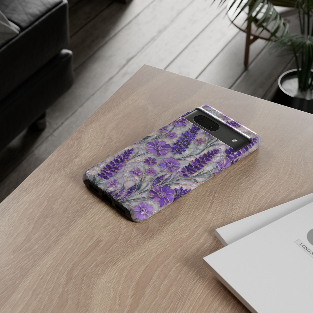 Protective Google Pixel 10 Pro phone case featuring lavender flowers, purple wildflowers, pearl accents, and a stained-glass botanical design with durable dual-layer protection.