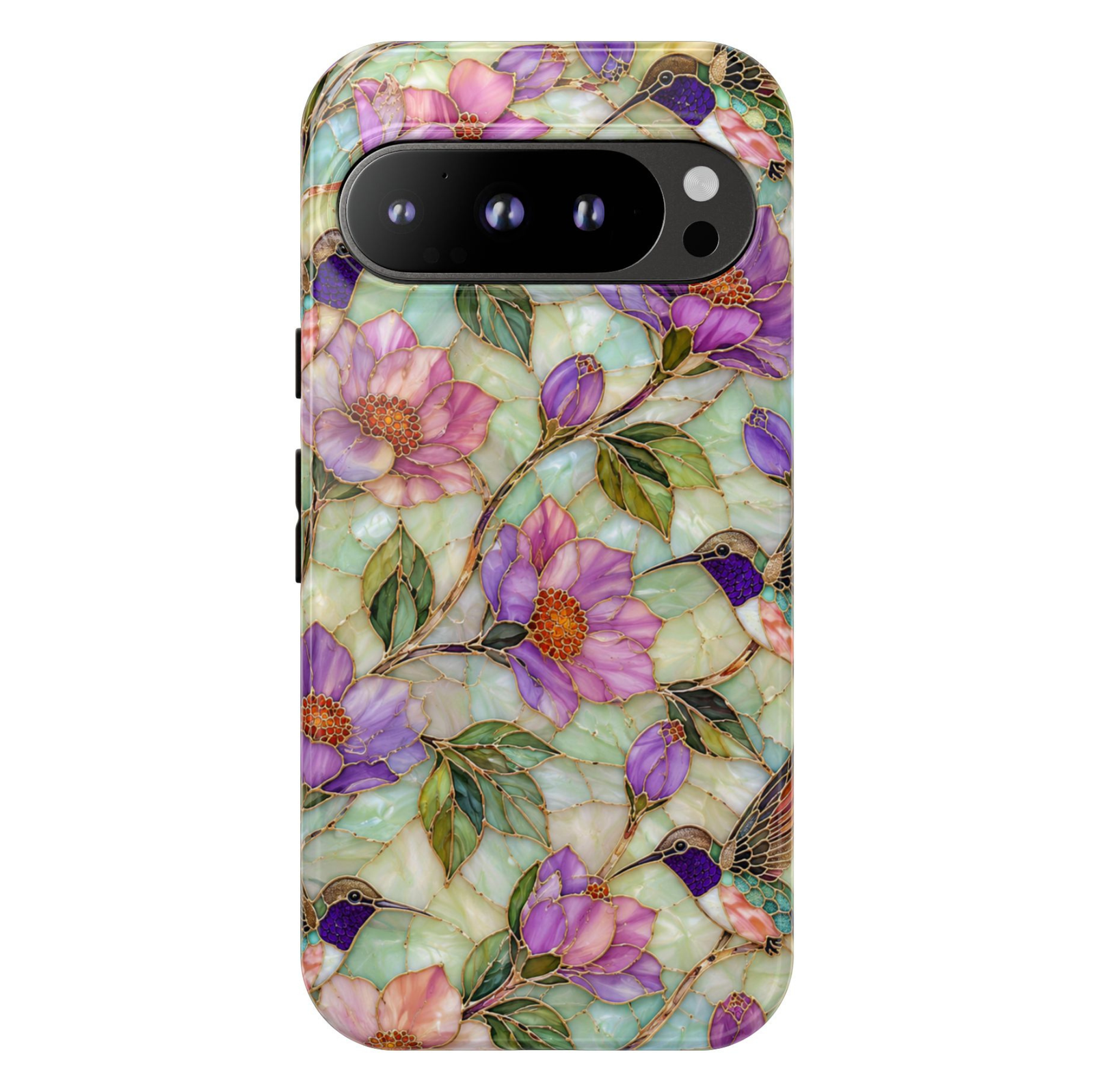 Protective Google Pixel 10 Pro phone case featuring hummingbirds flying among lavender flowers and green leaves in a stained-glass botanical design with durable dual-layer protection.