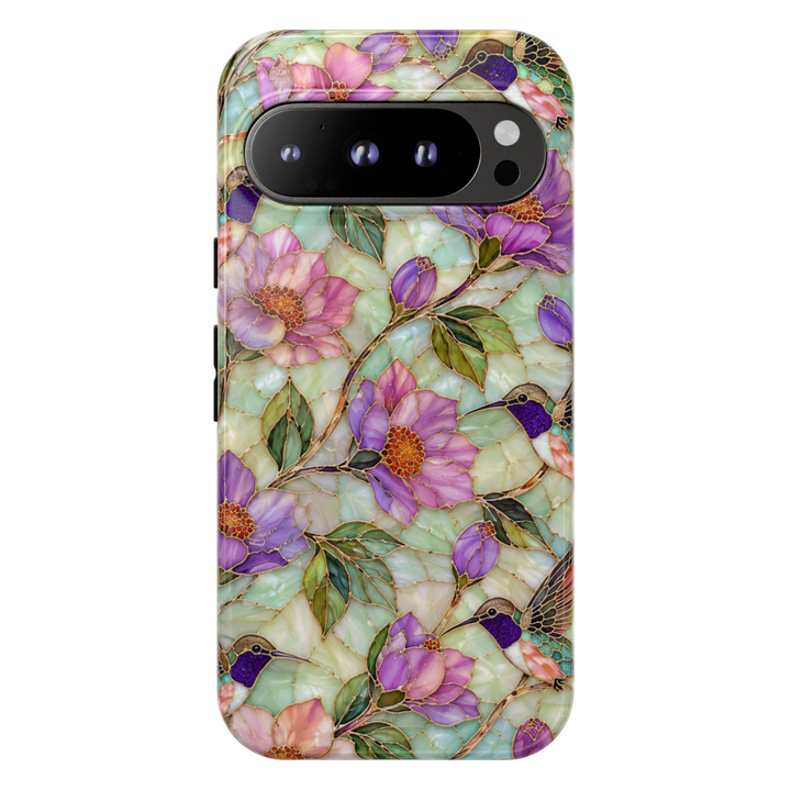 Protective Google Pixel 10 Pro phone case featuring hummingbirds flying among lavender flowers and green leaves in a stained-glass botanical design with durable dual-layer protection.