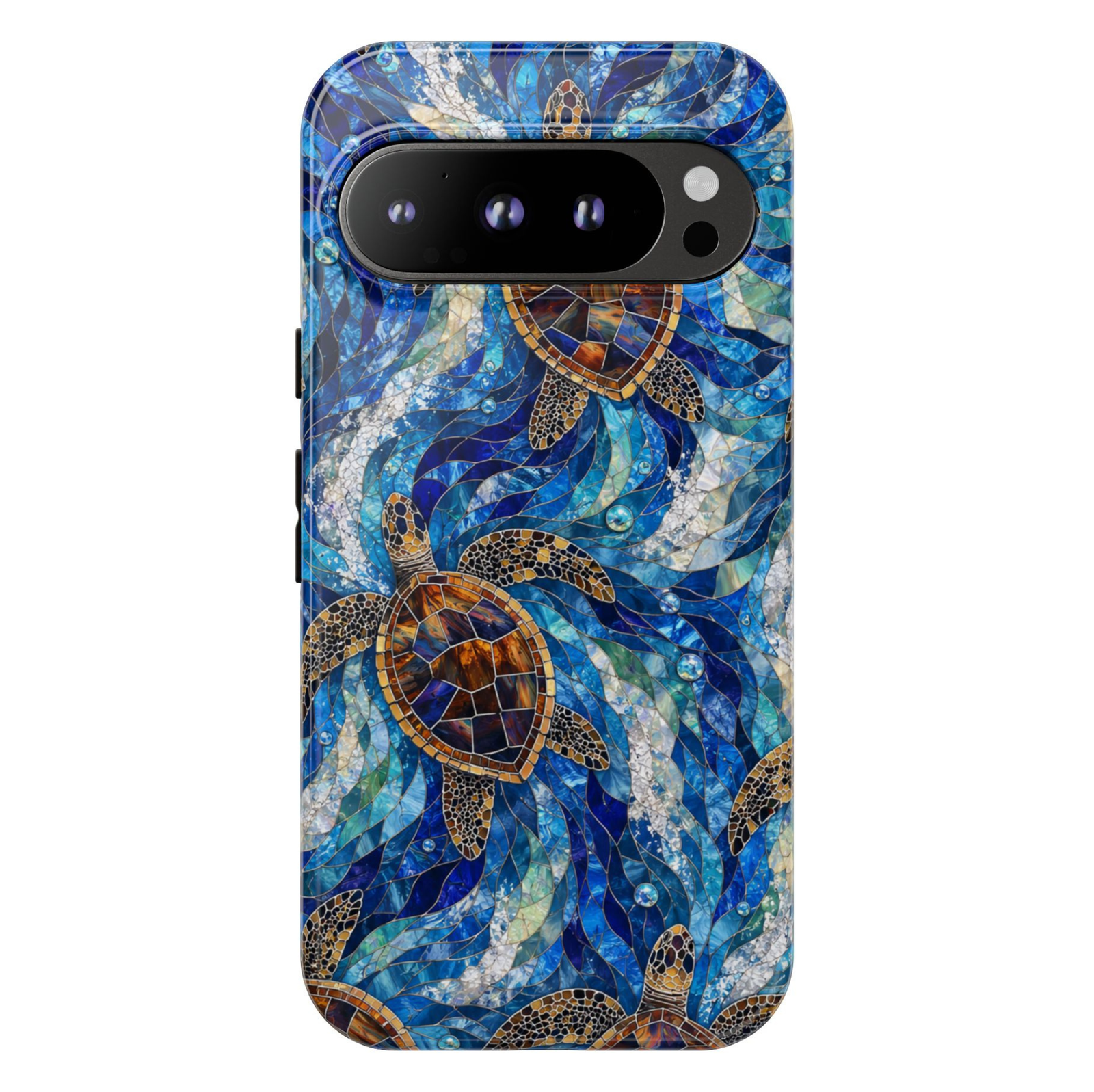 Protective Google Pixel 10 Pro phone case featuring sea turtles swimming through blue ocean waves in a stained-glass mosaic design with durable dual-layer protection.