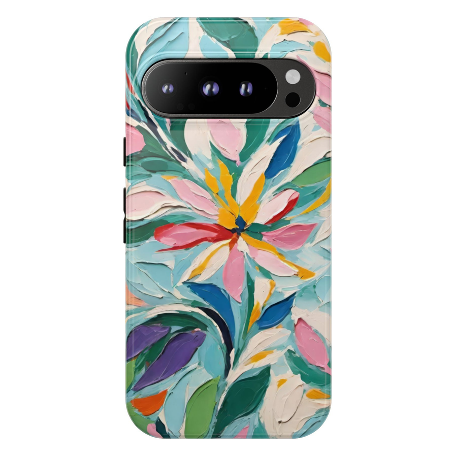 Google Pixel 10 protective phone case featuring a modern abstract floral painting with expressive palette knife brushstrokes in aqua, pink, green, blue, yellow, and white.