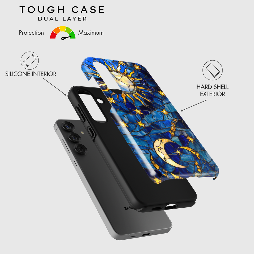 Golden Moon Sun Phone Case – Blue Stained Glass Celestial Design, Crescent Moon and Stars Aesthetic Protective Phone Case for iPhone & Samsung – CASELIX Golden Moon Sun Phone Case – Blue Stained Glass Celestial Design, Crescent Moon and Stars Aesthetic Protective Phone Case for iPhone & Samsung – CASELIX