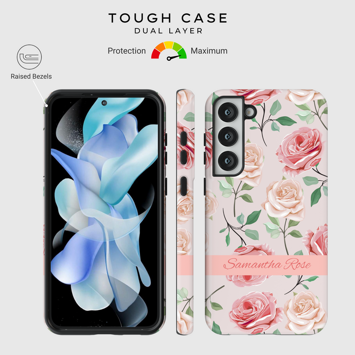 Personalized pink rose phone case for iPhone and Samsung, custom floral tough case with name, romantic spring flower design, girly case