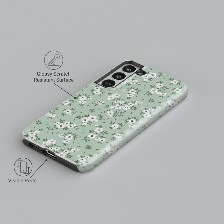 Galaxy phone case with sage green background and white floral pattern – minimalist and botanical design