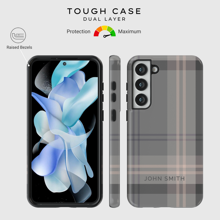 Custom name gray plaid Samsung Galaxy phone case. Sleek and sophisticated protective cover for Galaxy S25 Ultra, S24 FE, S23, and more.
