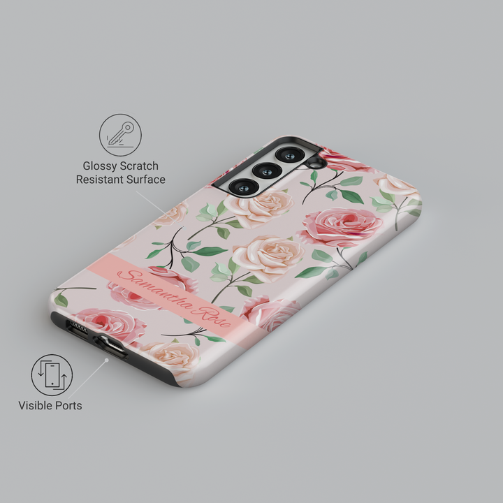 Personalized pink rose phone case for iPhone and Samsung, custom floral tough case with name, romantic spring flower design, girly case
