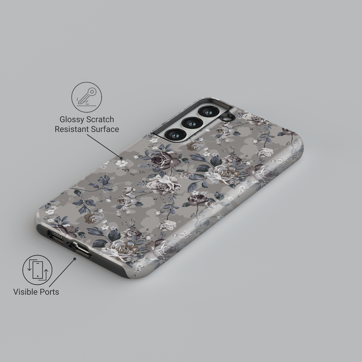 Dark floral Samsung Galaxy phone case with taupe and ivory roses on gray background – moody vintage design for women