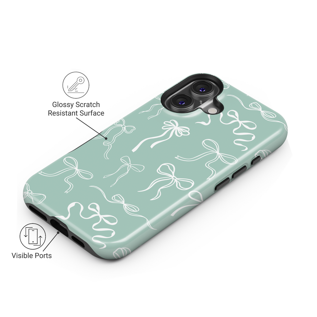 Mint green bow iPhone 16 MagSafe tough phone case, girly ribbon design, aesthetic protective phone cover for women, spring pastel phone case gift

