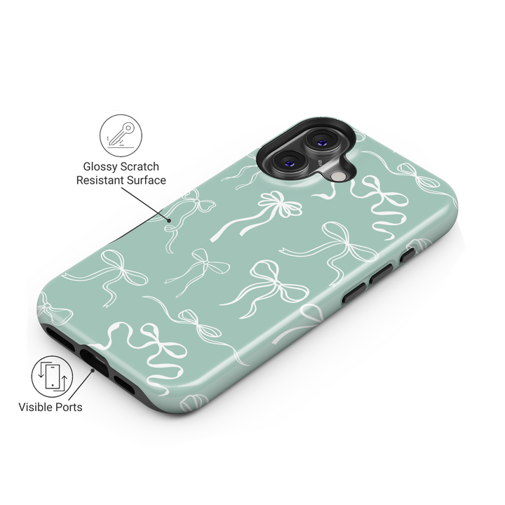 Mint green bow iPhone 16 MagSafe tough phone case, girly ribbon design, aesthetic protective phone cover for women, spring pastel phone case gift

