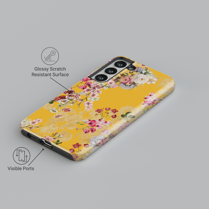 Mustard yellow Samsung Galaxy phone case with colorful vintage floral design – girly protective phone cover