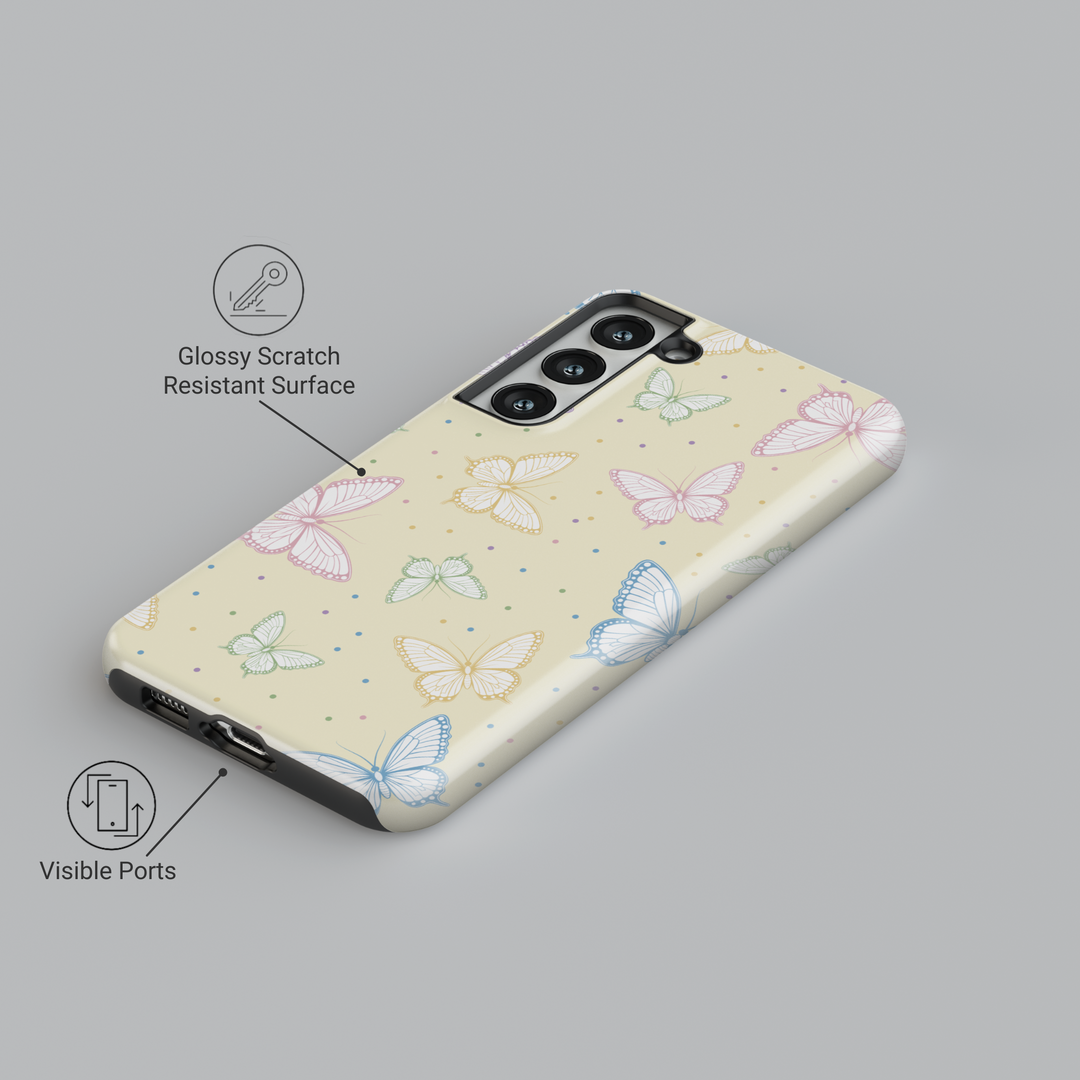 Galaxy phone case with pastel butterfly design and cream background – whimsical and cute feminine aesthetic