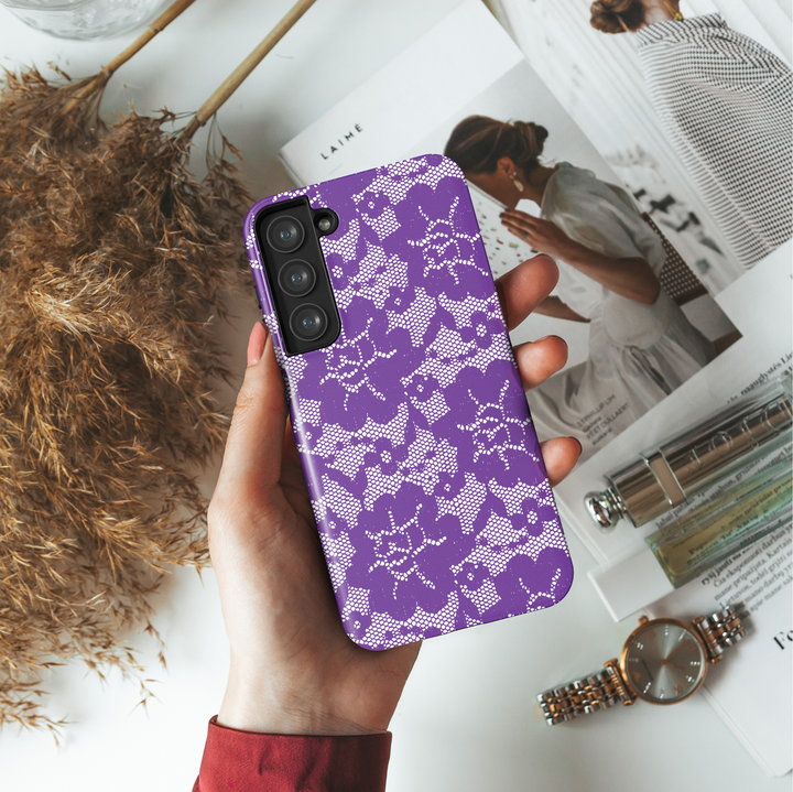 Purple Bat Lace Samsung Galaxy Case – Cute Gothic Floral Halloween Design for S25 Ultra, S24 FE, S23 Ultra