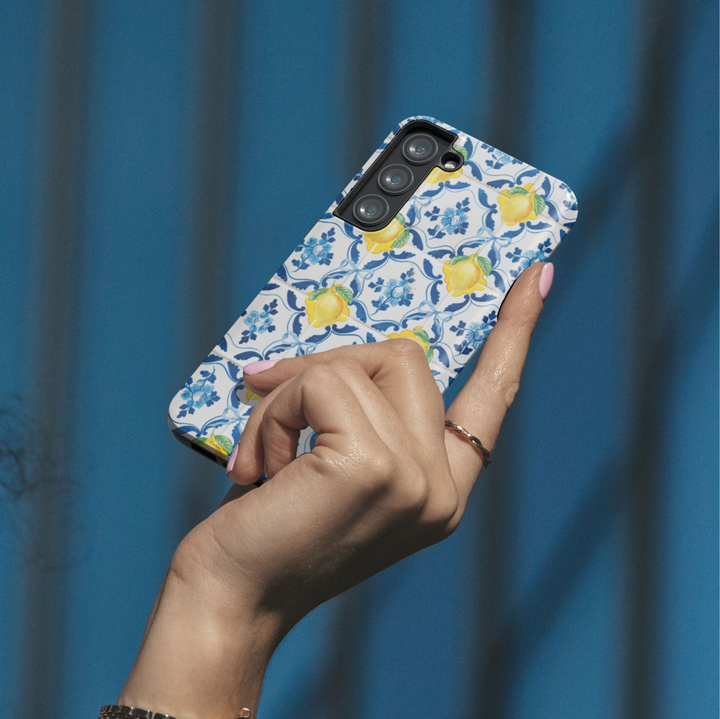 Amalfi lemon tile patternGalaxy S25 case for Galaxy S24 Ultra with blue ceramic and yellow citrus print – Samsung compatible Italian summer aesthetic phone cover