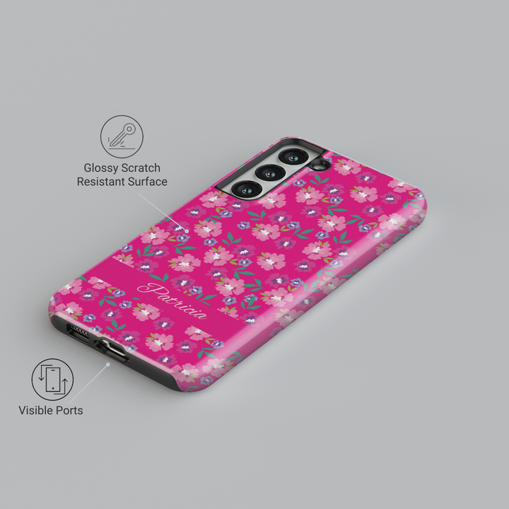 Bright pink personalized floral phone case with custom name, small flower pattern iPhone Samsung cover, girly spring tough case design