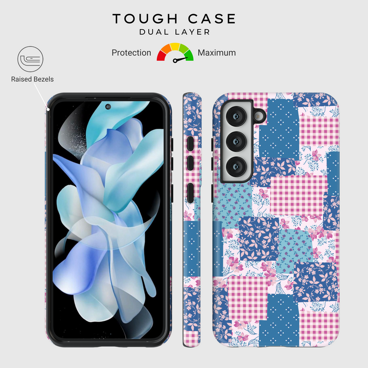 Charming patchwork Samsung Galaxy phone case featuring a vintage-inspired mix of floral, gingham, and polka dot patterns in blue and pink hues. Aesthetic protective cover for Samsung Galaxy S25 Ultra, S24 FE, S23, and more.