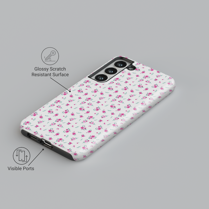 White Samsung Galaxy case with pink floral pattern – minimal feminine protective phone cover for women