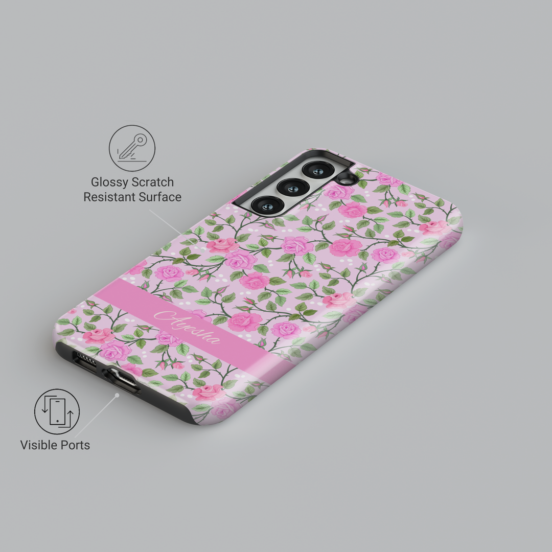 Custom name pink rose floral phone case, girly tough case for iPhone and Samsung, spring personalized phone cover with cute flower print