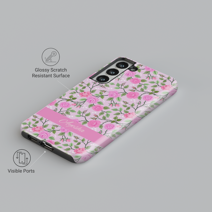 Custom name pink rose floral phone case, girly tough case for iPhone and Samsung, spring personalized phone cover with cute flower print