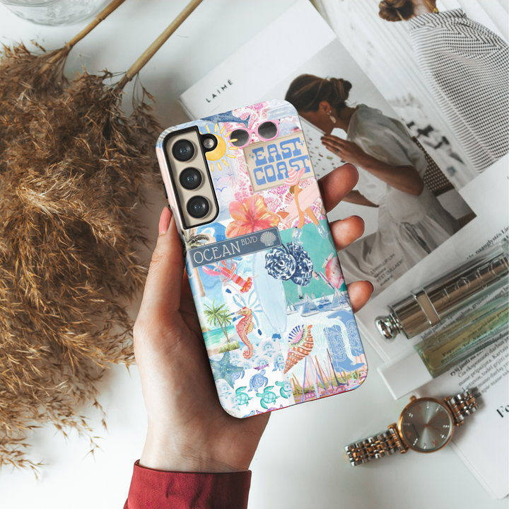 Samsung Galaxy S25 Ultra & S24 FE Case – Colorful East Coast Collage with Ocean Blvd Sign, Hibiscus, Palm Trees, Sea Turtles, and Summer Icons