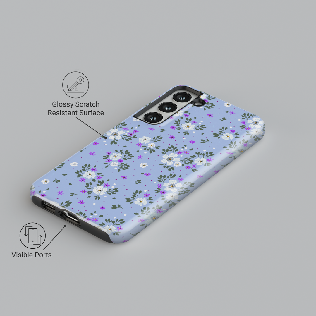 Galaxy phone case with white and purple floral pattern on light periwinkle blue background