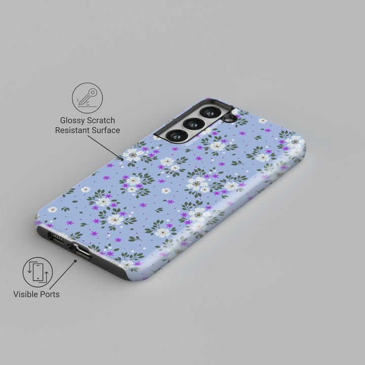 Galaxy phone case with white and purple floral pattern on light periwinkle blue background