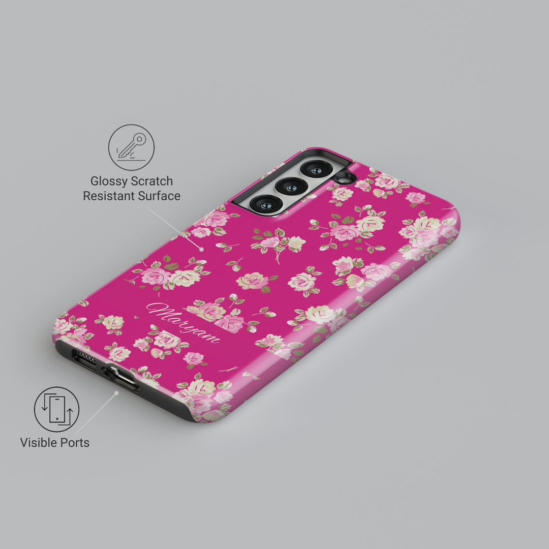 Bright pink floral phone case with custom name, spring flower pattern iPhone Samsung cover, girly tough phone case with rose print design