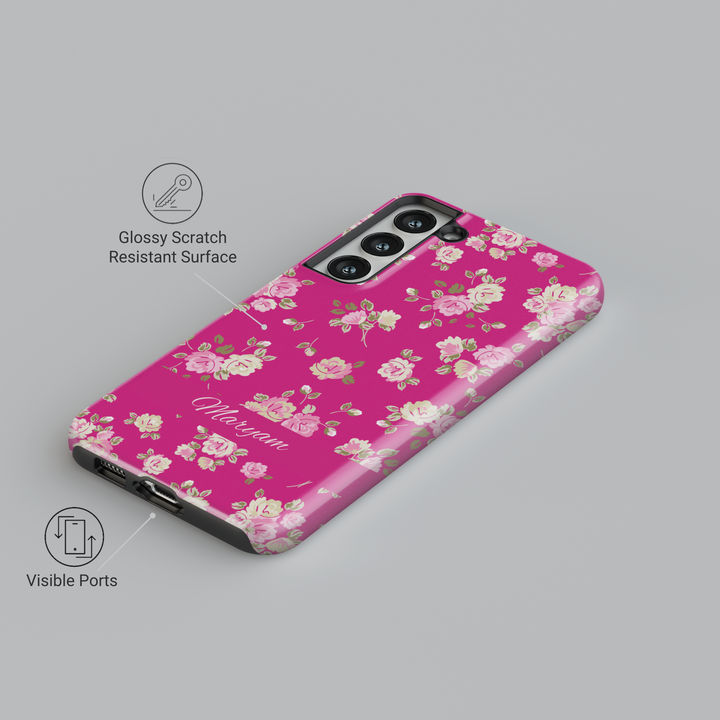 Bright pink floral phone case with custom name, spring flower pattern iPhone Samsung cover, girly tough phone case with rose print design