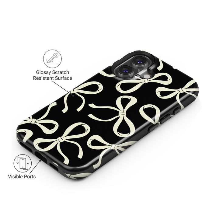 Black bow iPhone 16 MagSafe tough case, girly ribbon print phone cover for women, trendy aesthetic phone case, protective gift for her

