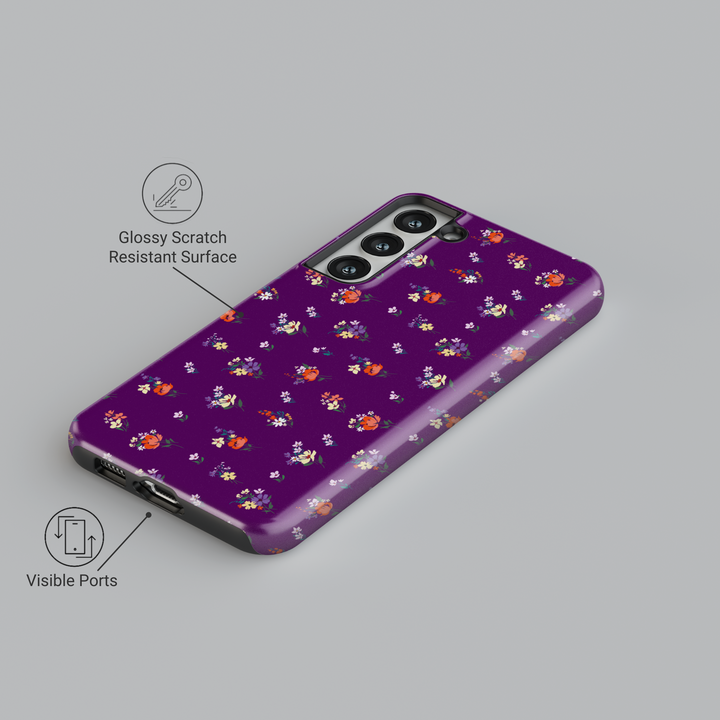 Purple Samsung Galaxy case with colorful mini floral pattern – stylish girly flower print phone cover for women