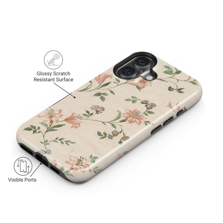 Beige floral iPhone 16 MagSafe tough case, vintage botanical flower phone cover for women, spring garden protective case, gift for her

