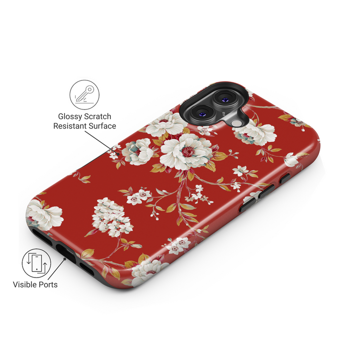 Red floral iPhone 16 MagSafe tough case, romantic flower print phone case for women, vintage spring protective phone cover, gift for her

