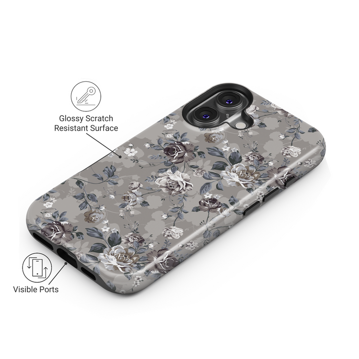 Gray floral iPhone 16 MagSafe tough case, elegant muted flower pattern phone cover for women, romantic spring gift idea

