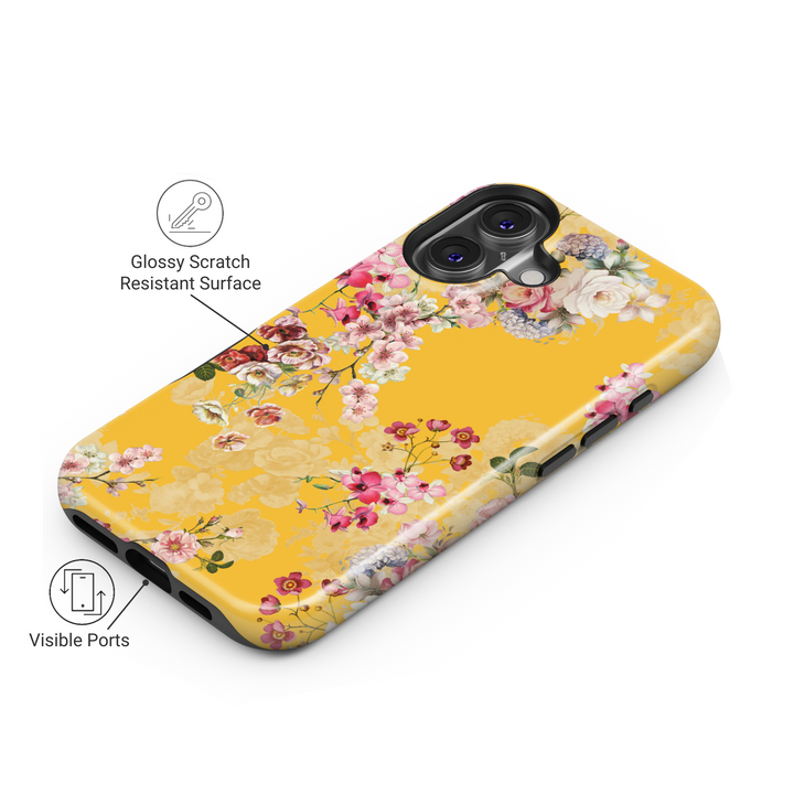 Yellow floral iPhone 16 MagSafe tough case, bright flower pattern spring phone cover for women, cheerful gift for her

