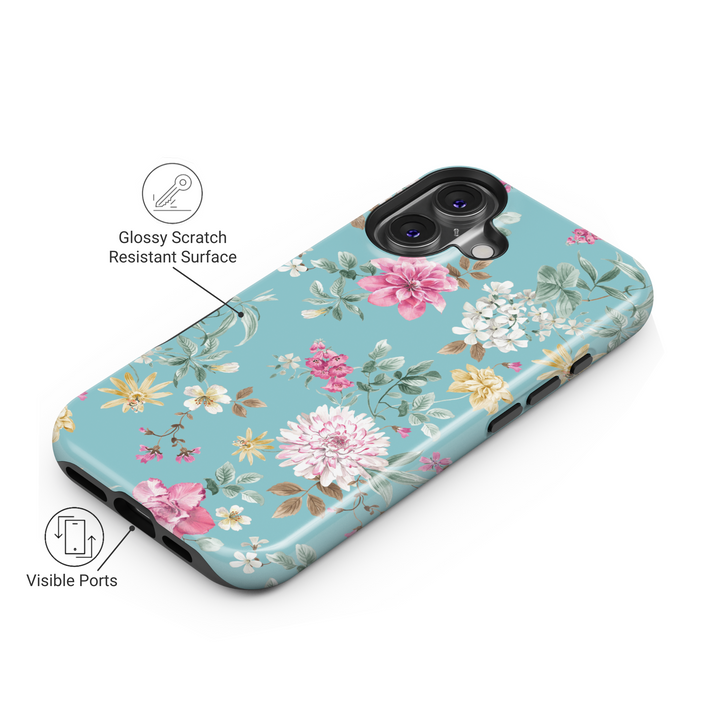 Blue floral iPhone 16 MagSafe tough case, elegant pastel flower phone cover for women, botanical spring gift for her


