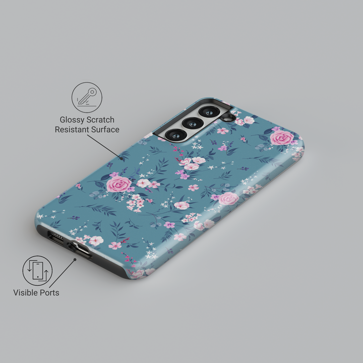 Teal Samsung Galaxy case with pink and white floral design – elegant garden aesthetic protective phone cover for women