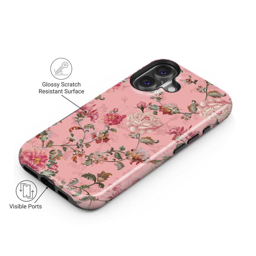 Vintage pink floral iPhone 16 MagSafe tough case, romantic botanical flower phone cover for women, spring gift for her

