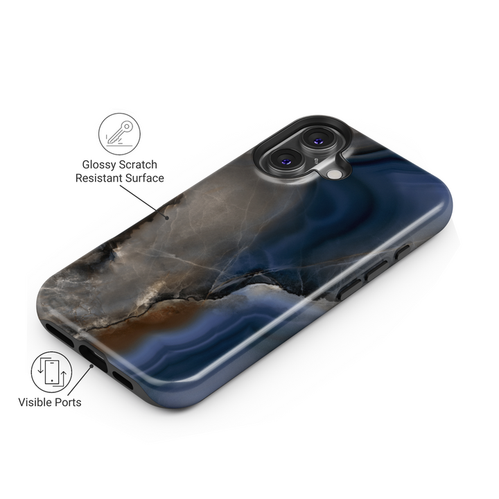 Dark blue marble iPhone 16 MagSafe tough phone case, ocean swirl stone design protective cover for women, durable gift for her


