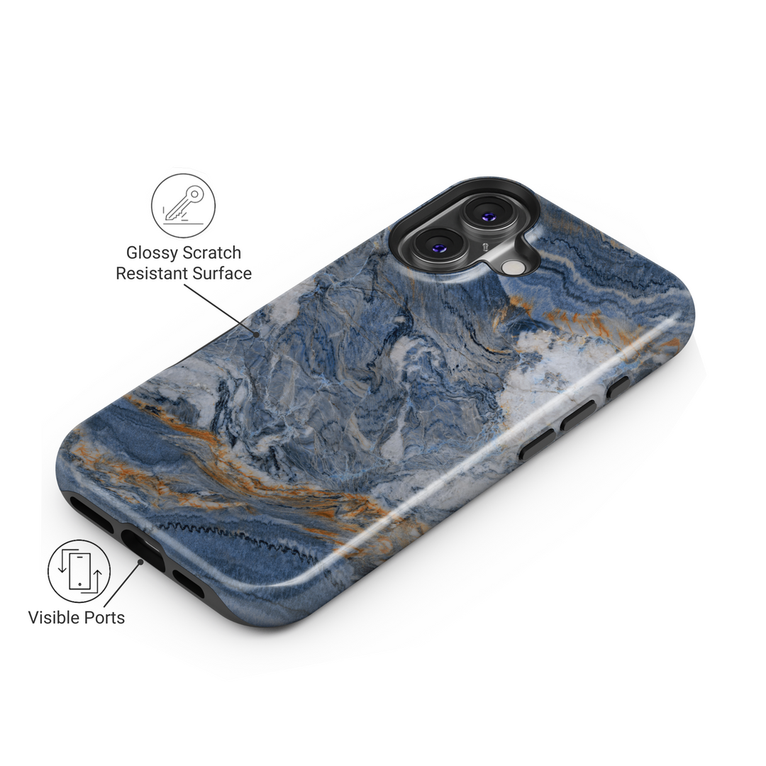 Dark blue marble iPhone 16 MagSafe tough phone case, ocean swirl stone design protective cover for women, durable gift for her

