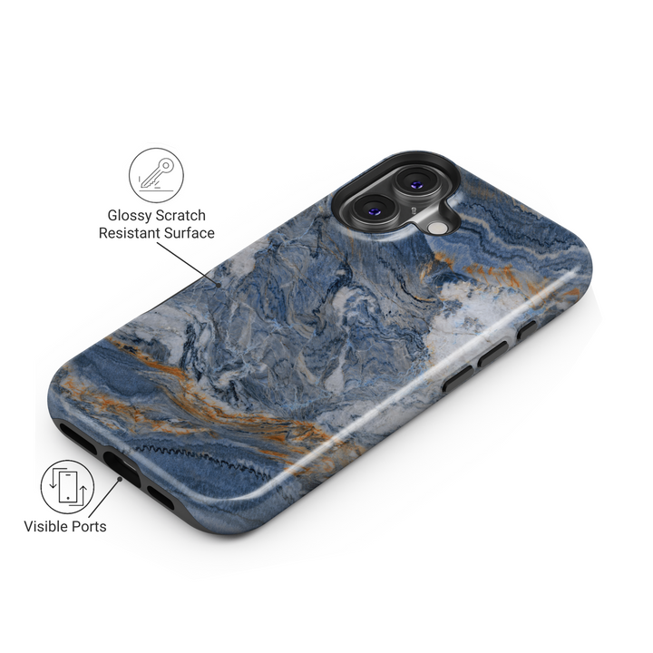 Dark blue marble iPhone 16 MagSafe tough phone case, ocean swirl stone design protective cover for women, durable gift for her

