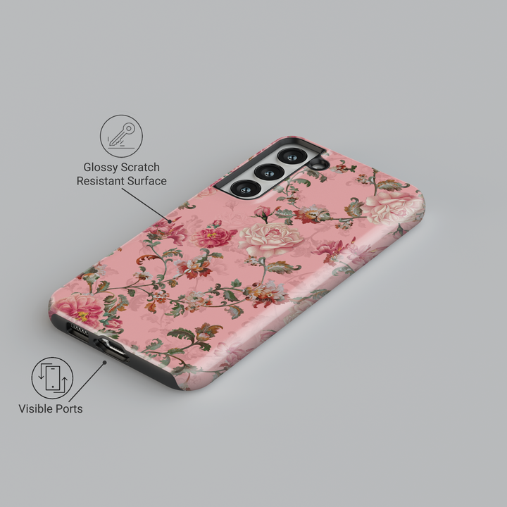 Galaxy case with vintage rose floral pattern on blush pink background – romantic feminine phone cover