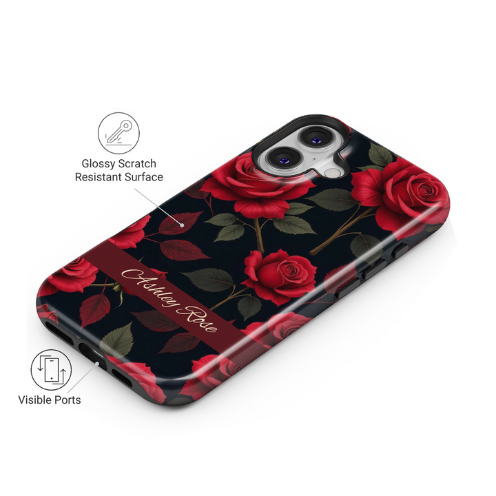 Red rose personalized floral phone case with name on dark background – elegant custom case for iPhone